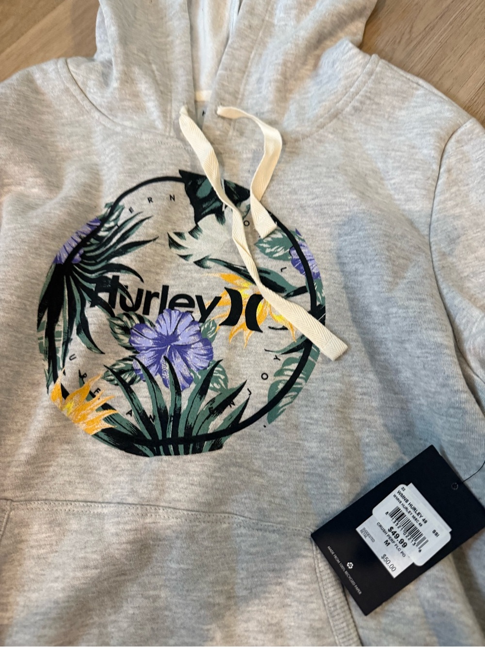 Hurley Gray Pullover Hoodie with Floral Logo - Picture 2 of 5